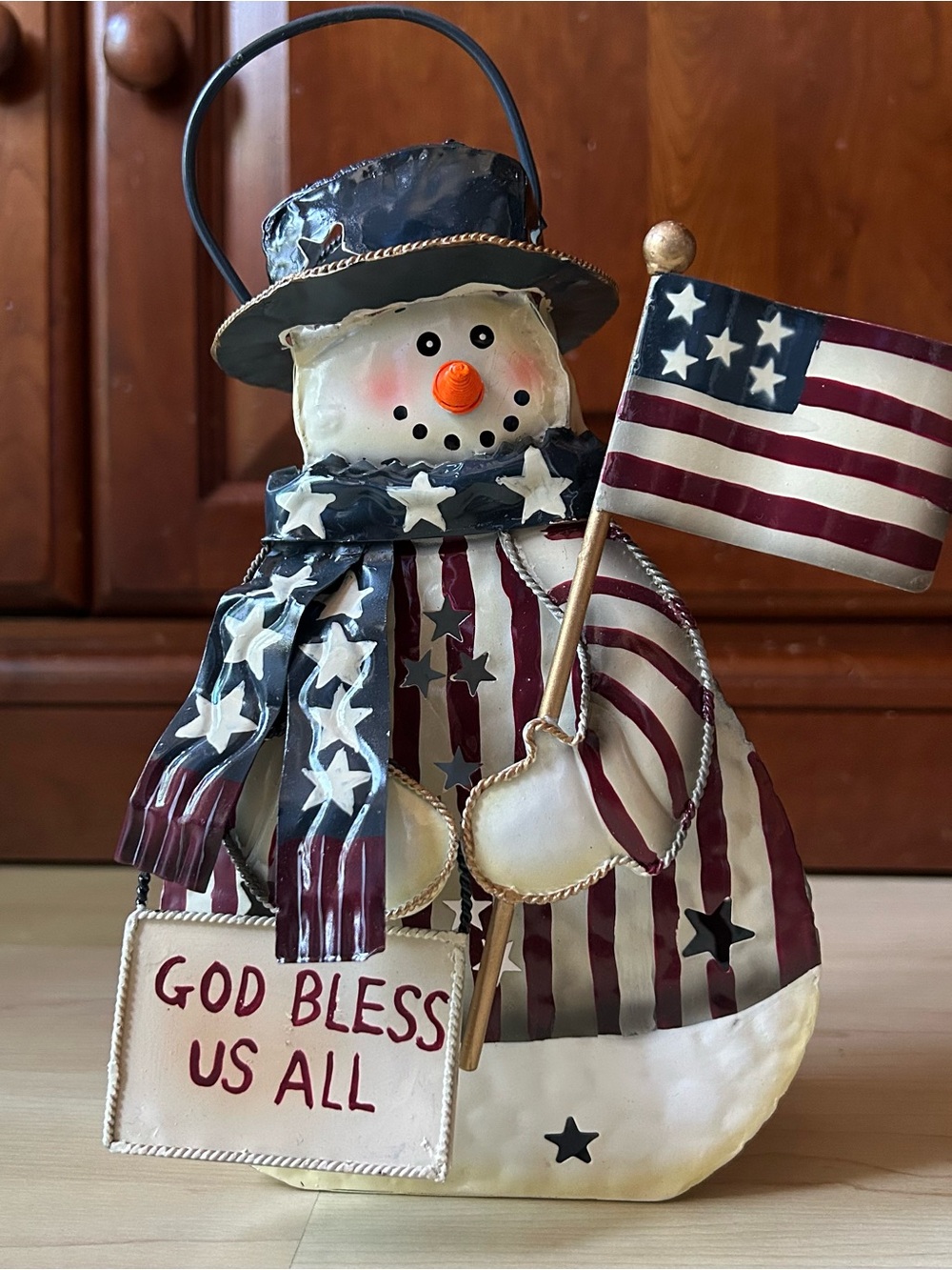 y2k vintage patriotic snowman painted metal tea light votive lantern